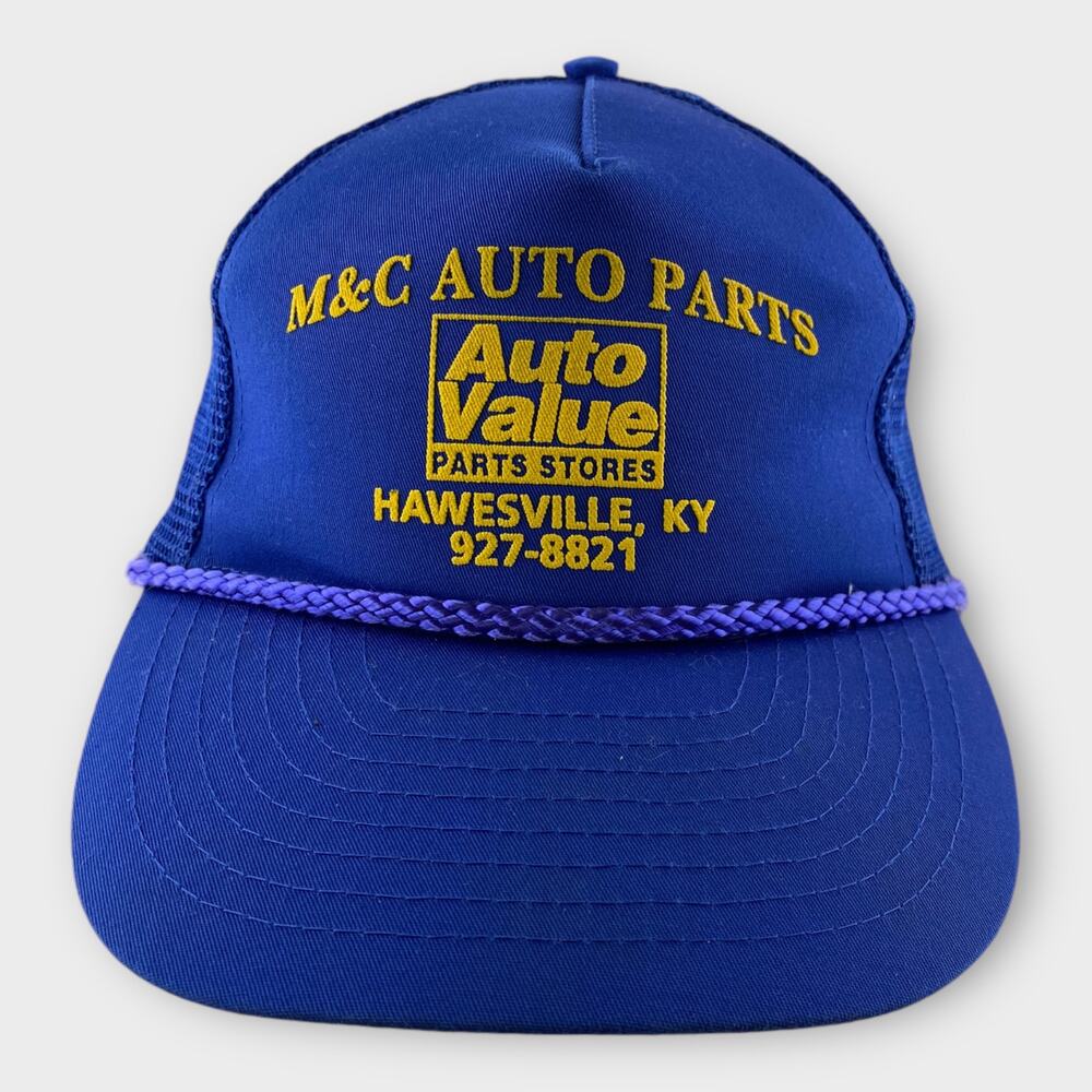 Vintage Nissun M&C Auto Parts Auto Value Trucker Snapback Hat Blue 80s 90s